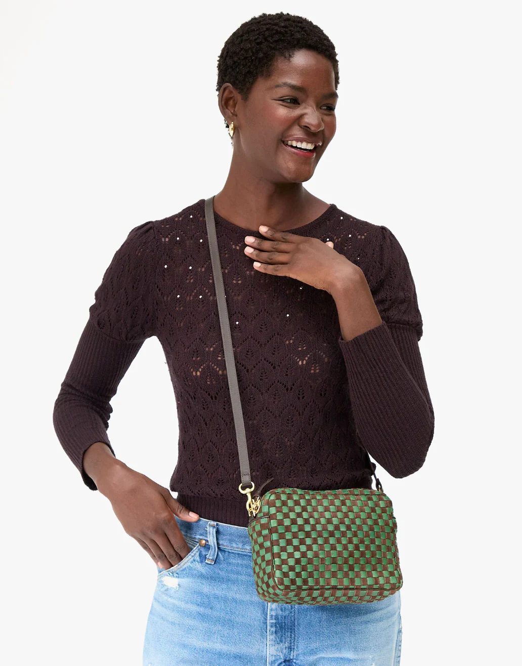 MIDI SAC LEATHER & SUEDE WOVEN CHECKER DEEP PINE/CHOCOLATE - Image 2