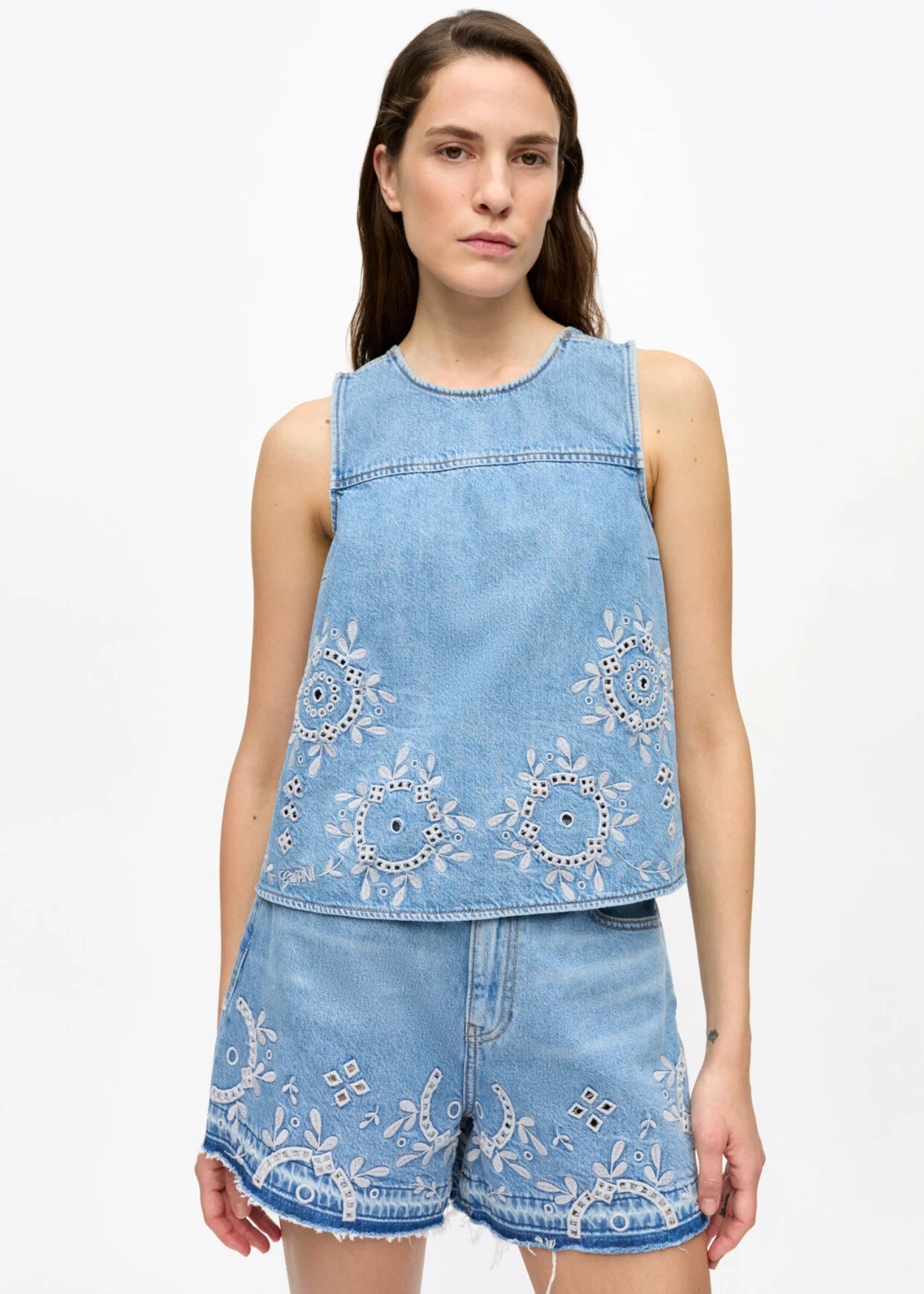 BRODERIE ANGLAISE DENIM TOP