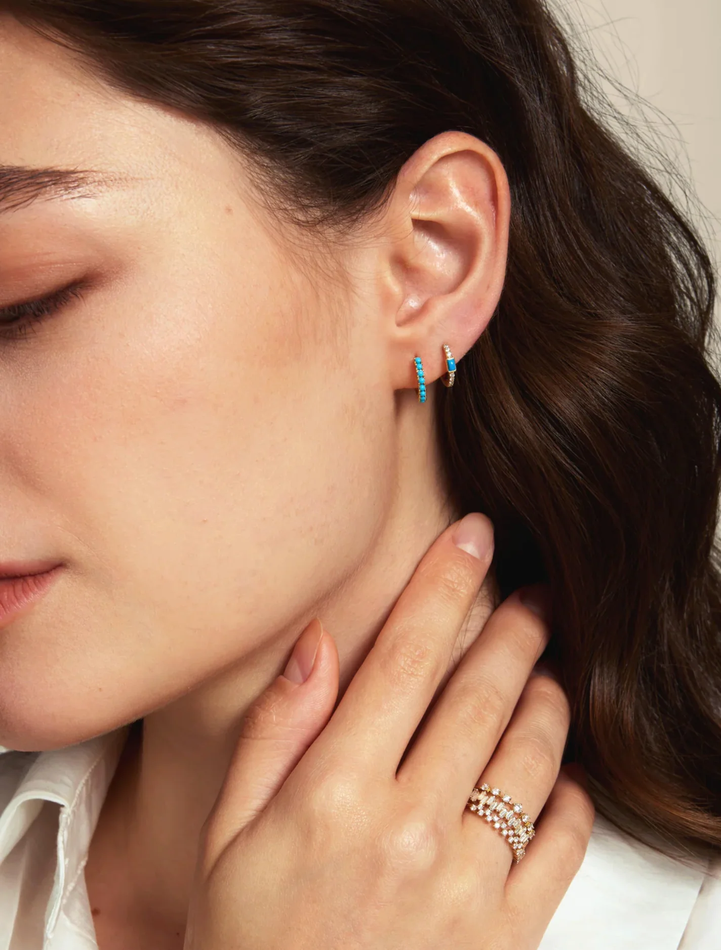 DAISY TURQUOISE & WHITE TOPAZ HUGGIE EARRINGS - Image 3
