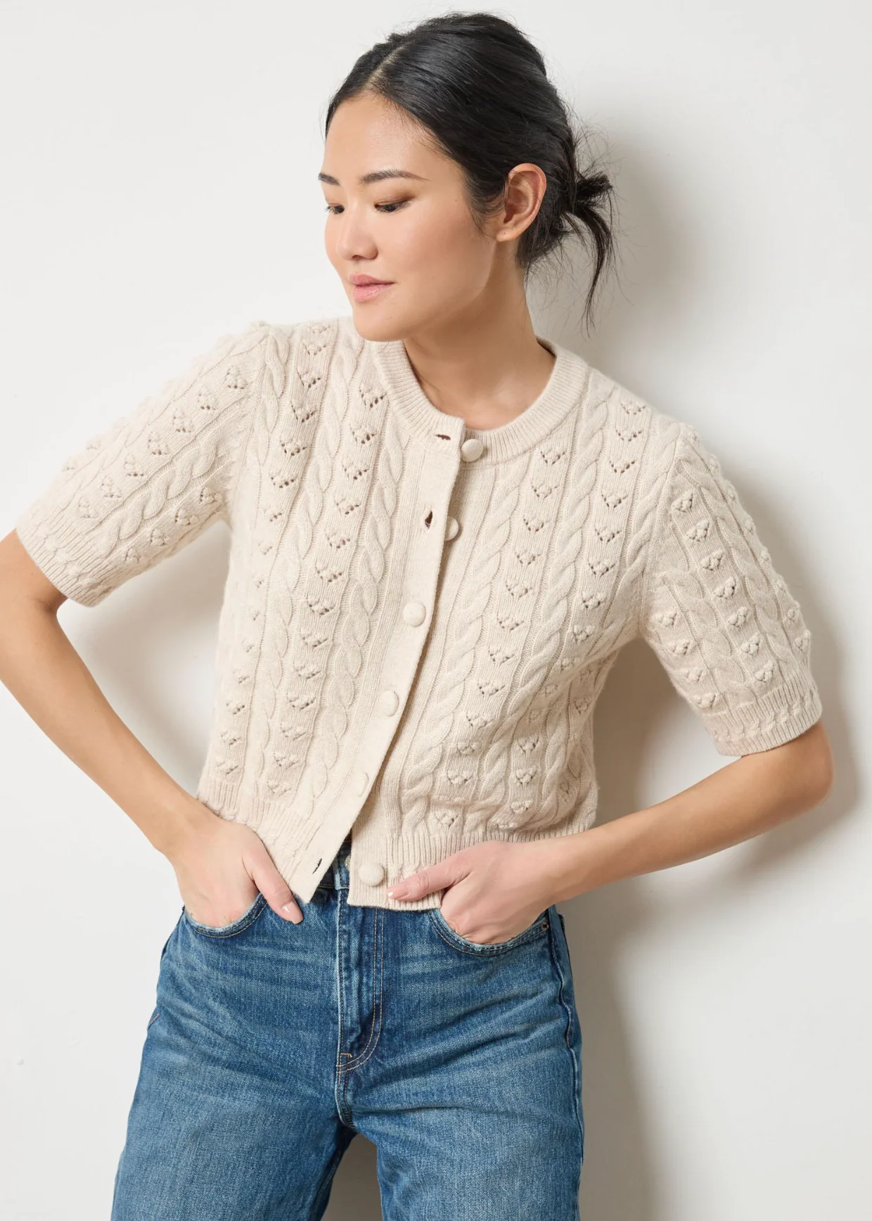 SHORT SLEEVE CARDIGAN SWEATER