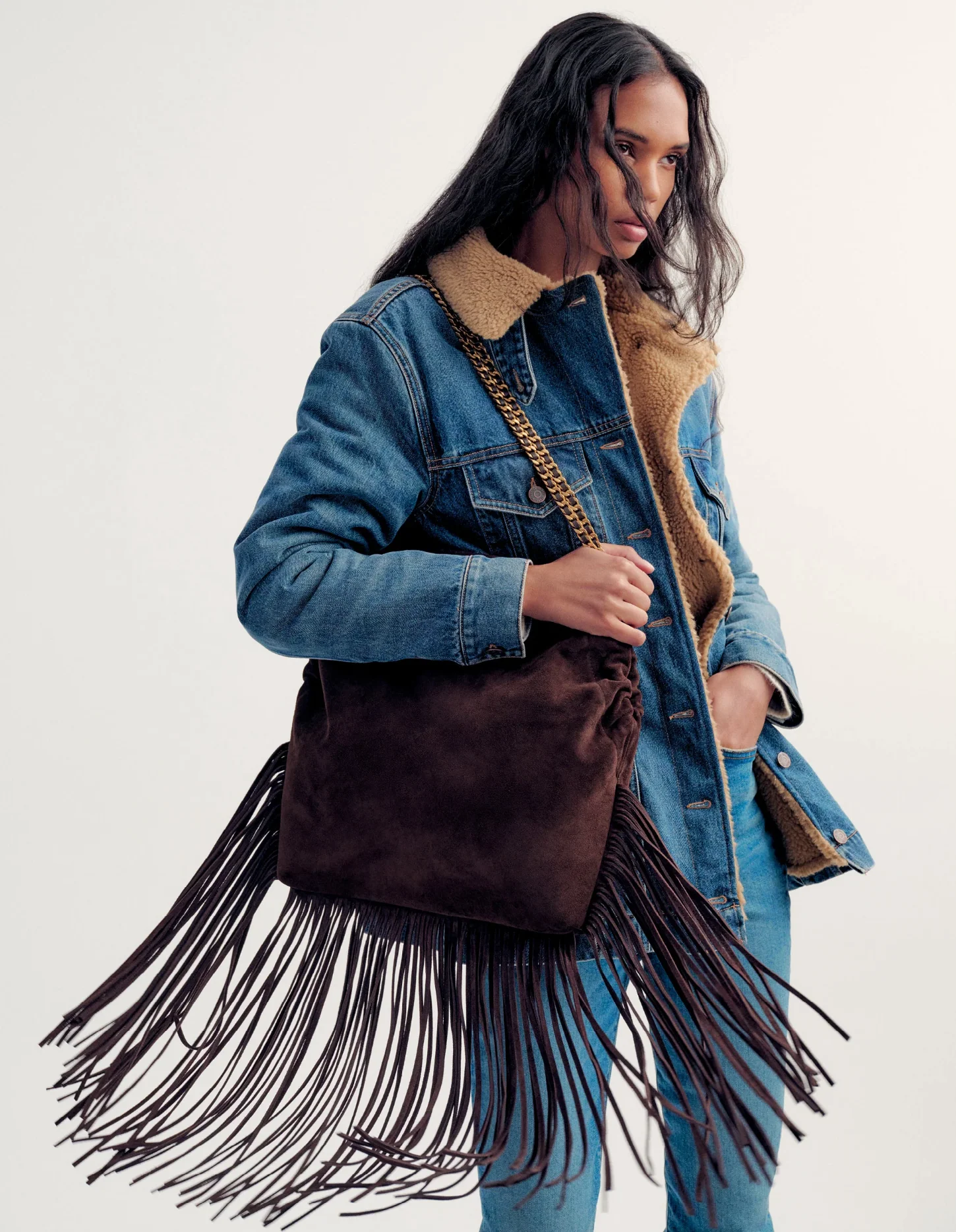 LARGE SUEDE FRINGE SLOUCH SHOULDER BAG ESPRESSO - Image 2
